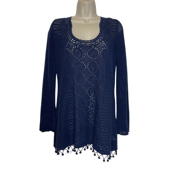 LILLY PULITZER Athena Tunic Size M Navy Crochet Long Sleeve Sheer Resort Beach - Picture 2 of 11